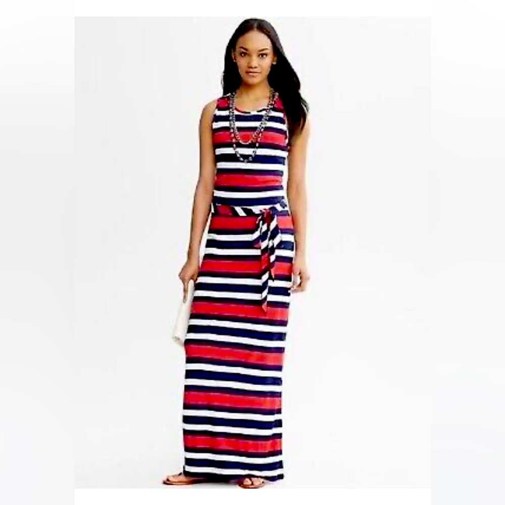 Banana Republic Red Navy White Striped Maxi Dress